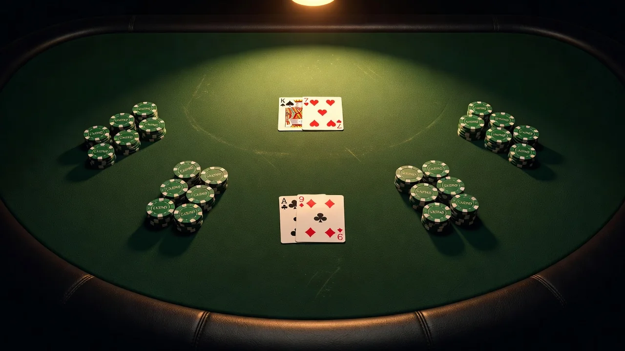 Mesa de blackjack com cartas e fichas de casino sob luz quente