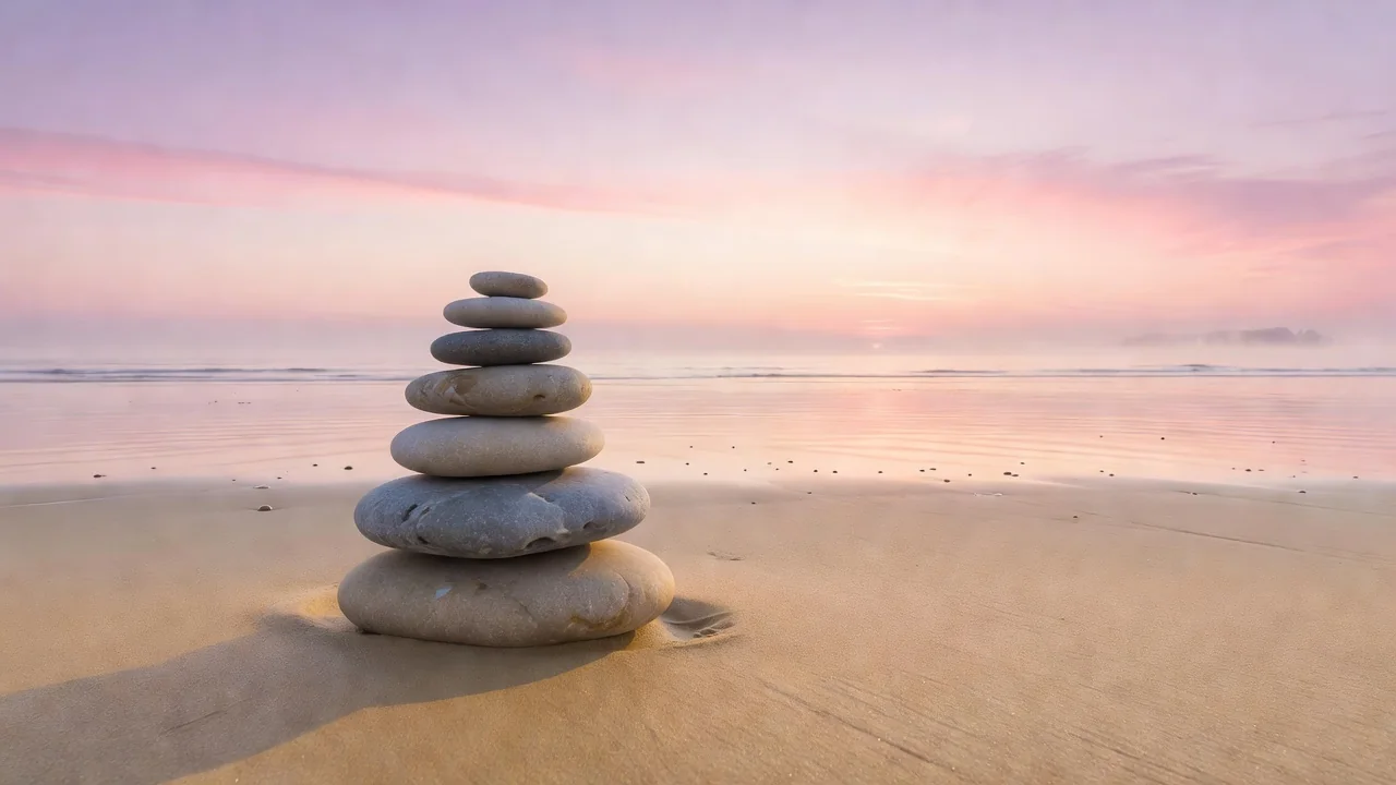 Pedras equilibradas numa praia ao nascer do sol, imagem de calma e equilíbrio