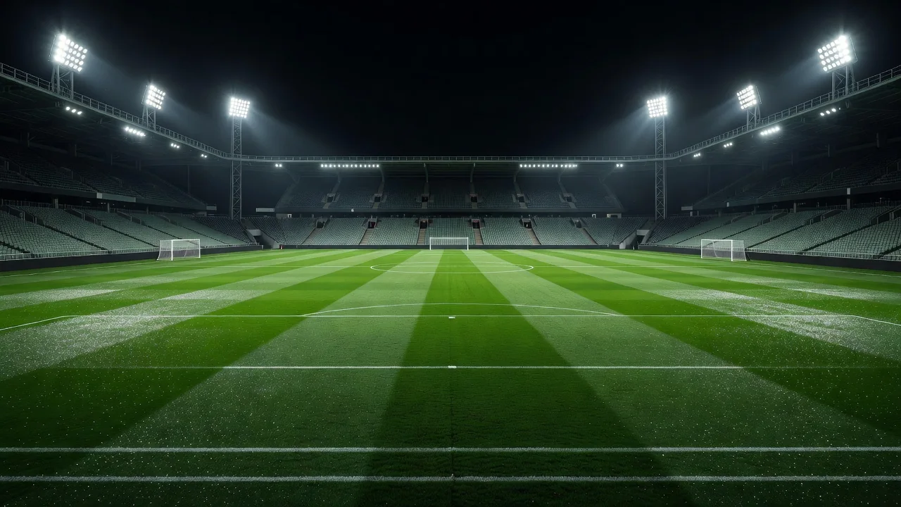 Estádio de futebol iluminado pelos holofotes durante um jogo noturno