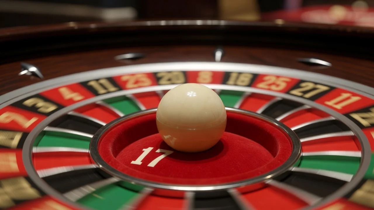 Bola de marfim parada numa casa vermelha de uma roleta de casino