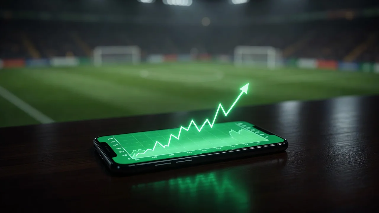 Telemóvel sobre uma mesa com gráfico de cotas de um jogo de futebol em direto